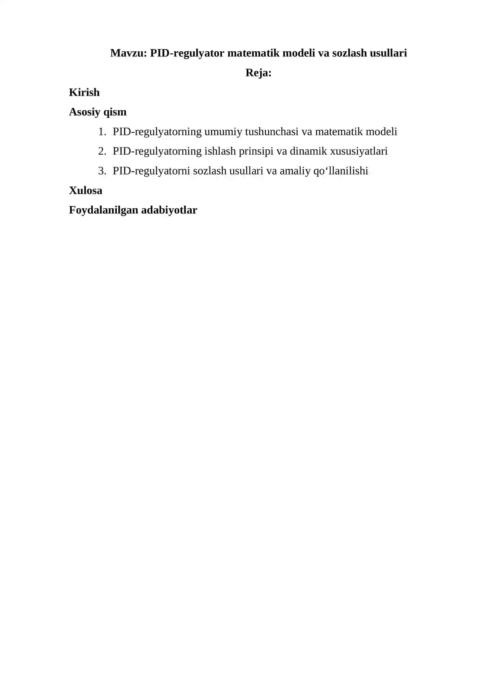 PID-regulyator matematik modeli va sozlash usullari 2