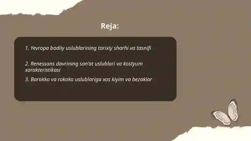 Yevropa badiiy uslublarini o’rganish va tarixiy kostyum bo’yicha ma’lumotlar bazasini to’plash 2