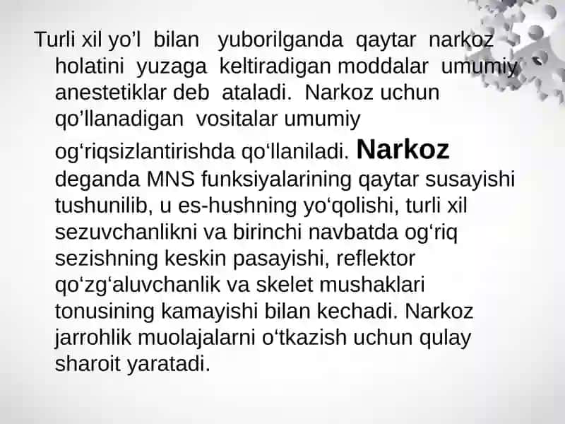 Narkoz vositalari. Etil  spirti. Uxlatuvchi vositalar. Alkogolizm va uning asoratlari. 2