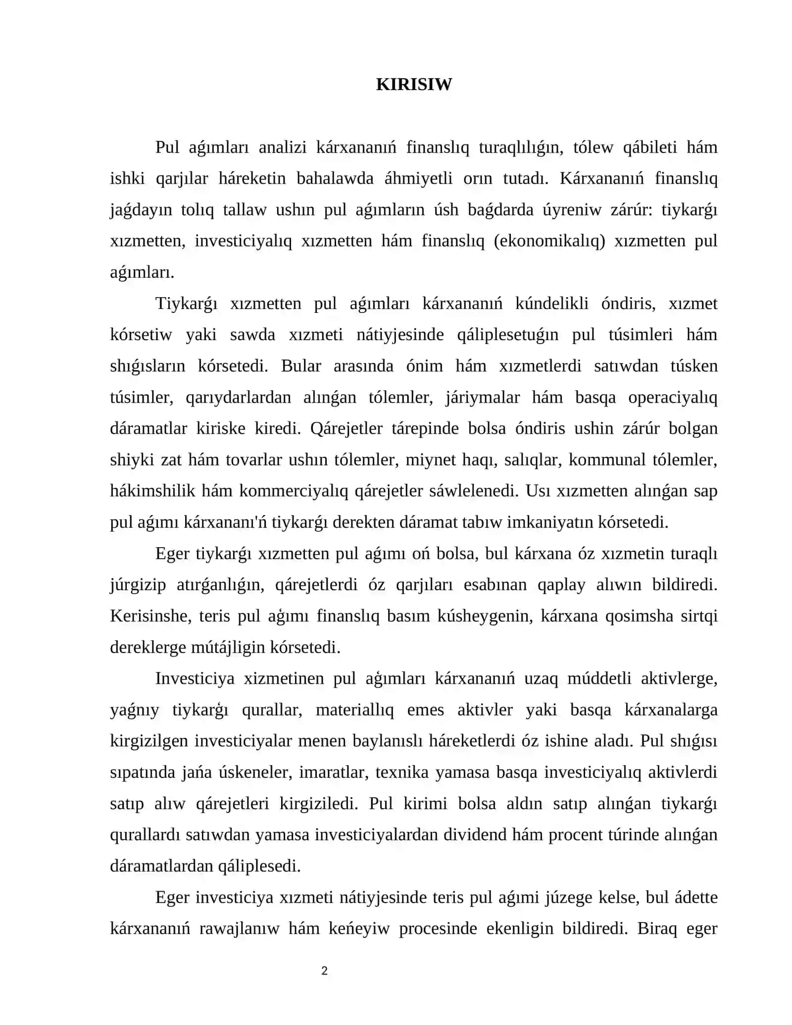 Tiykarǵı xızmet, ekonomikalıq hám investiciyalıq xızmetten pul aǵımları analizi 2