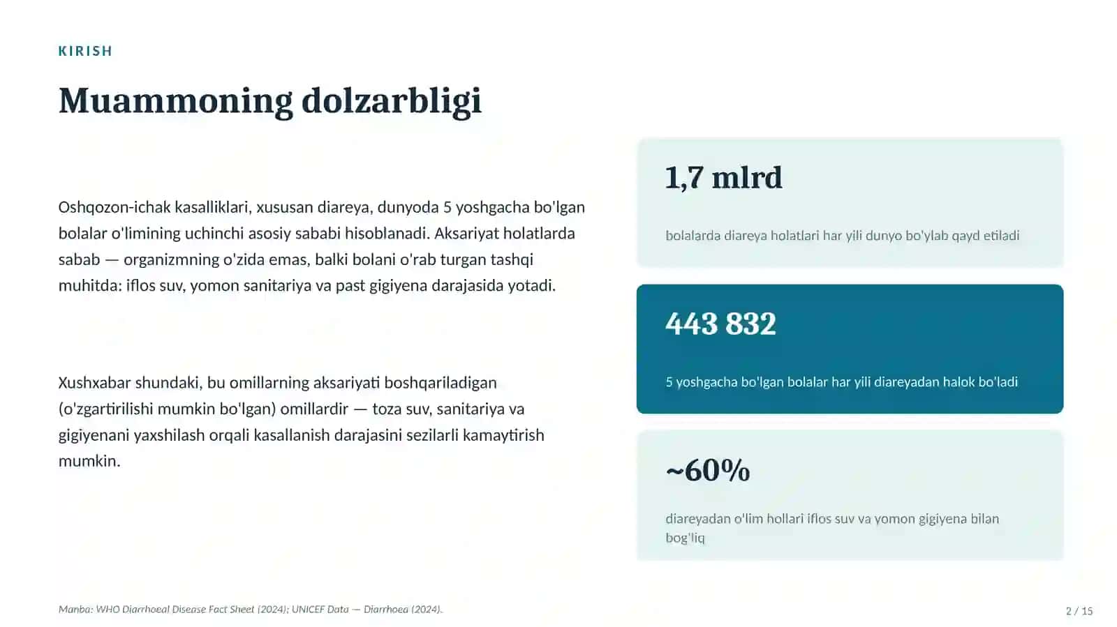 Bolalarda oshqozon-ichak kasalliklari kelib chiqishida tashqi muhitning xavfli omillari | 15 slayd 2