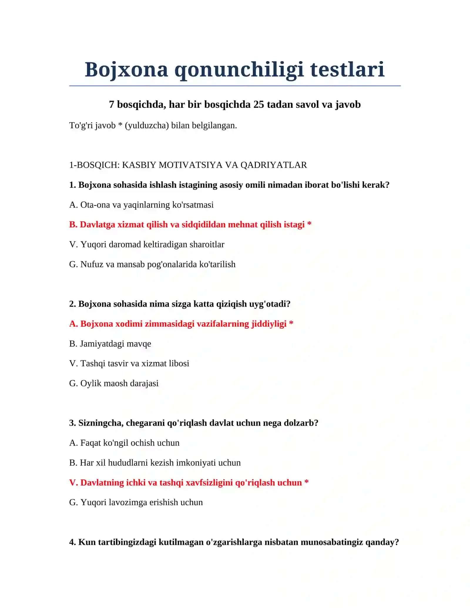 Bojxona qonunchiligi testlari 2