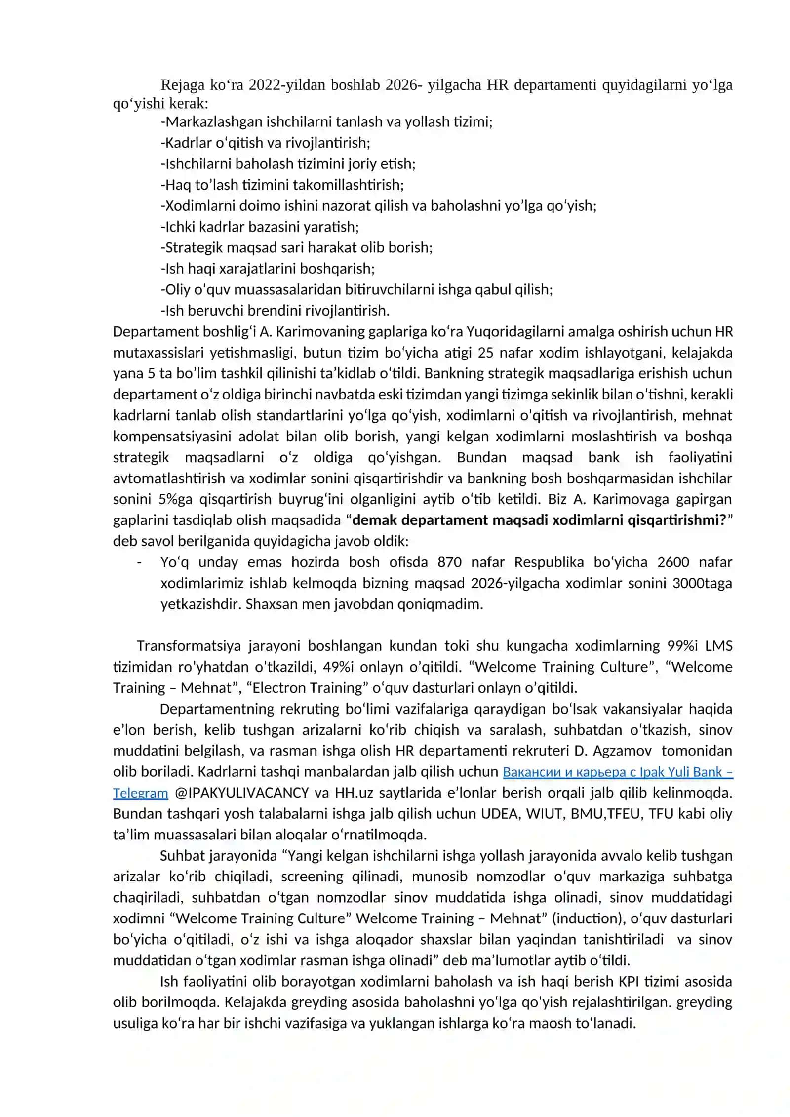 “Ipak yo’li” aksiyadorlik innovatsiya tijorat banki  HR departamenti  ish faoliyati 2