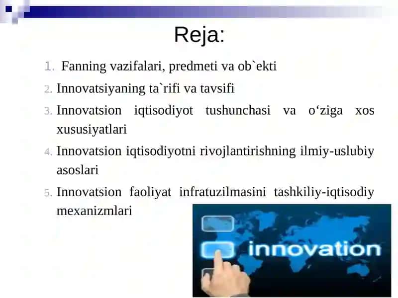 “Innovatsion iqtisodiyot” faniga kirish 2