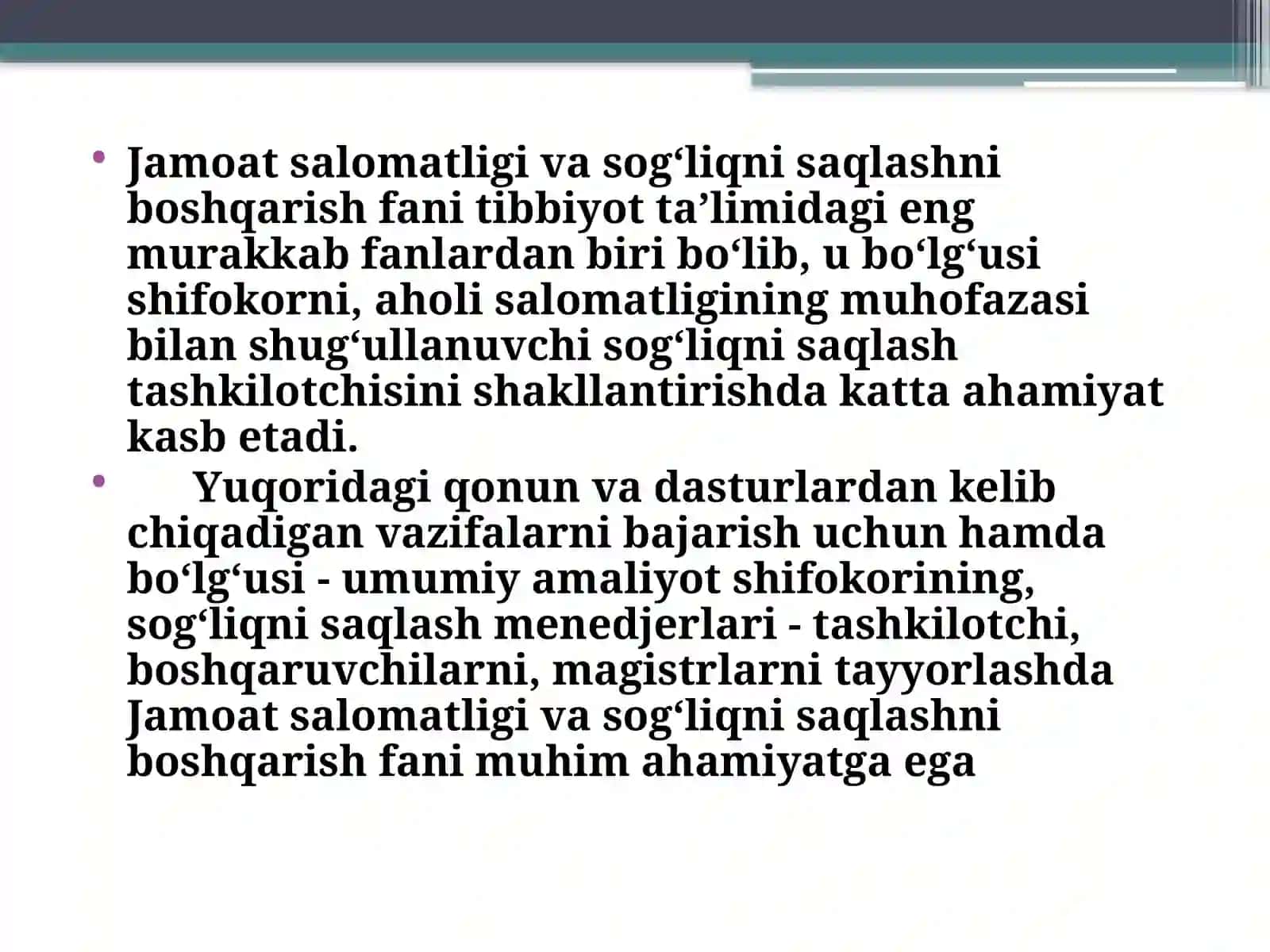 Jamoat salomatligi va sog‘likni saqlashni tashkil etish fanni 2