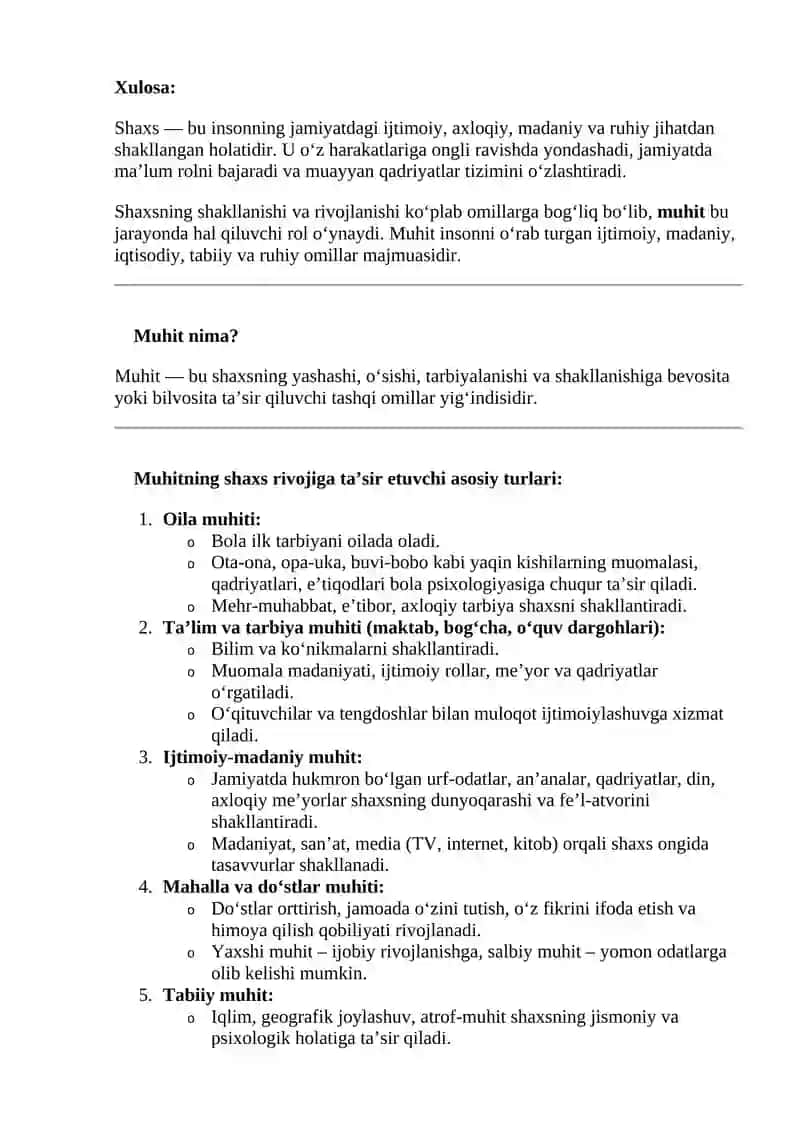 Shaxsning rivojlanishi, tarbiyasi va ijtimoiylashuvi 2