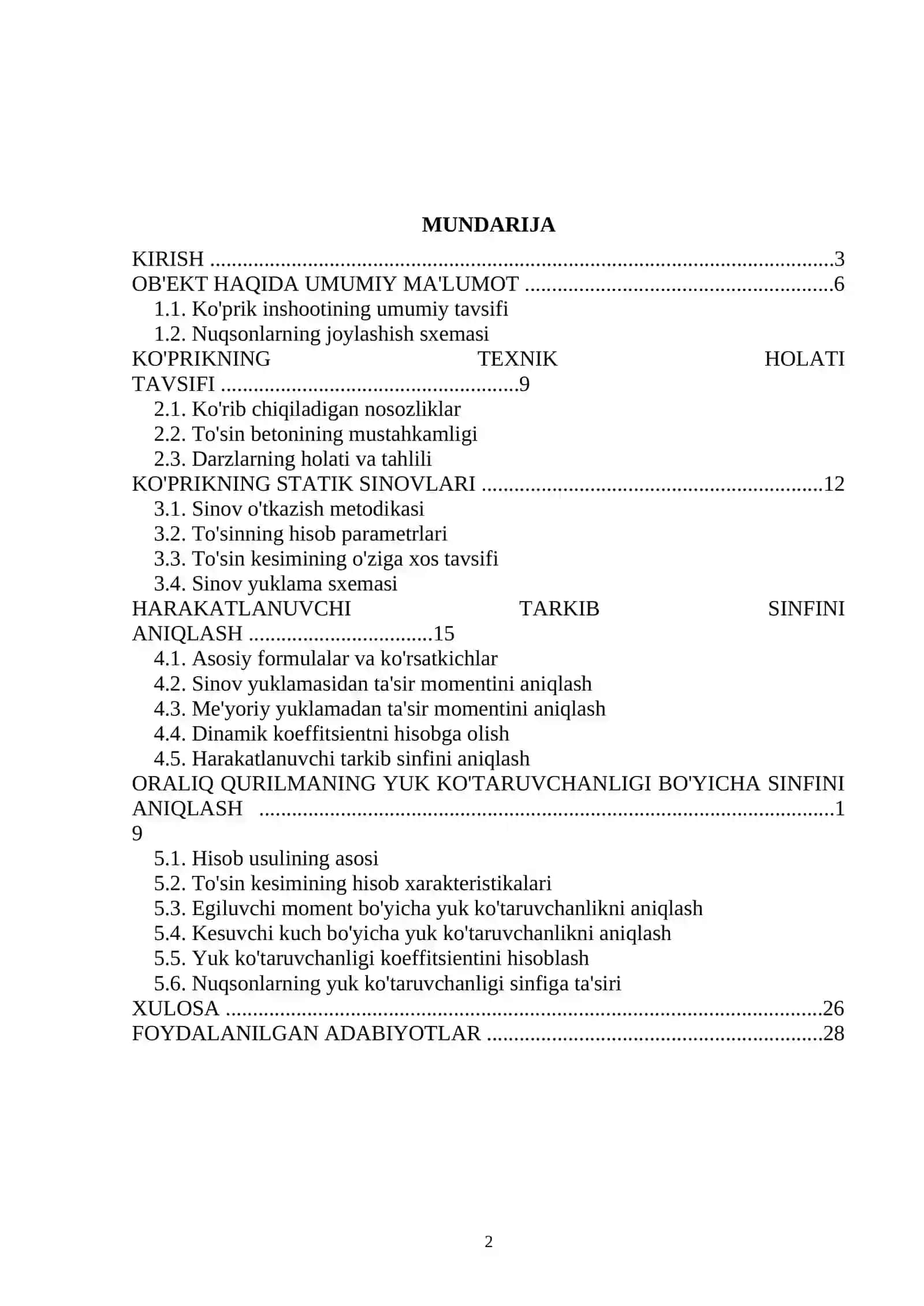 KURS LOYIHASI "Oraliq qurilmalar va harakatlanuvchi tarkibning sinfini aniqlash (statik sinovlar natijalariga ko'ra)" 2