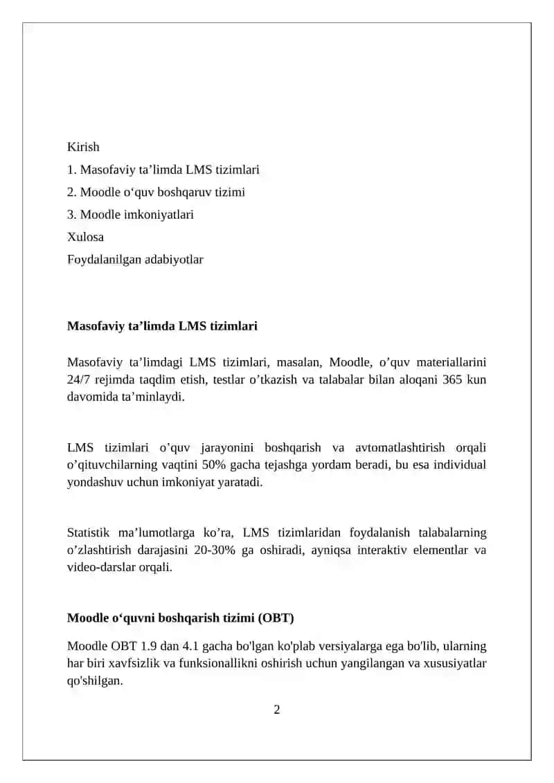 Masofaviy ta`limda LMS tizimlari, MOODLE o`quv jarayonini boshqarish tizimi va uning imkoniyatlari 2