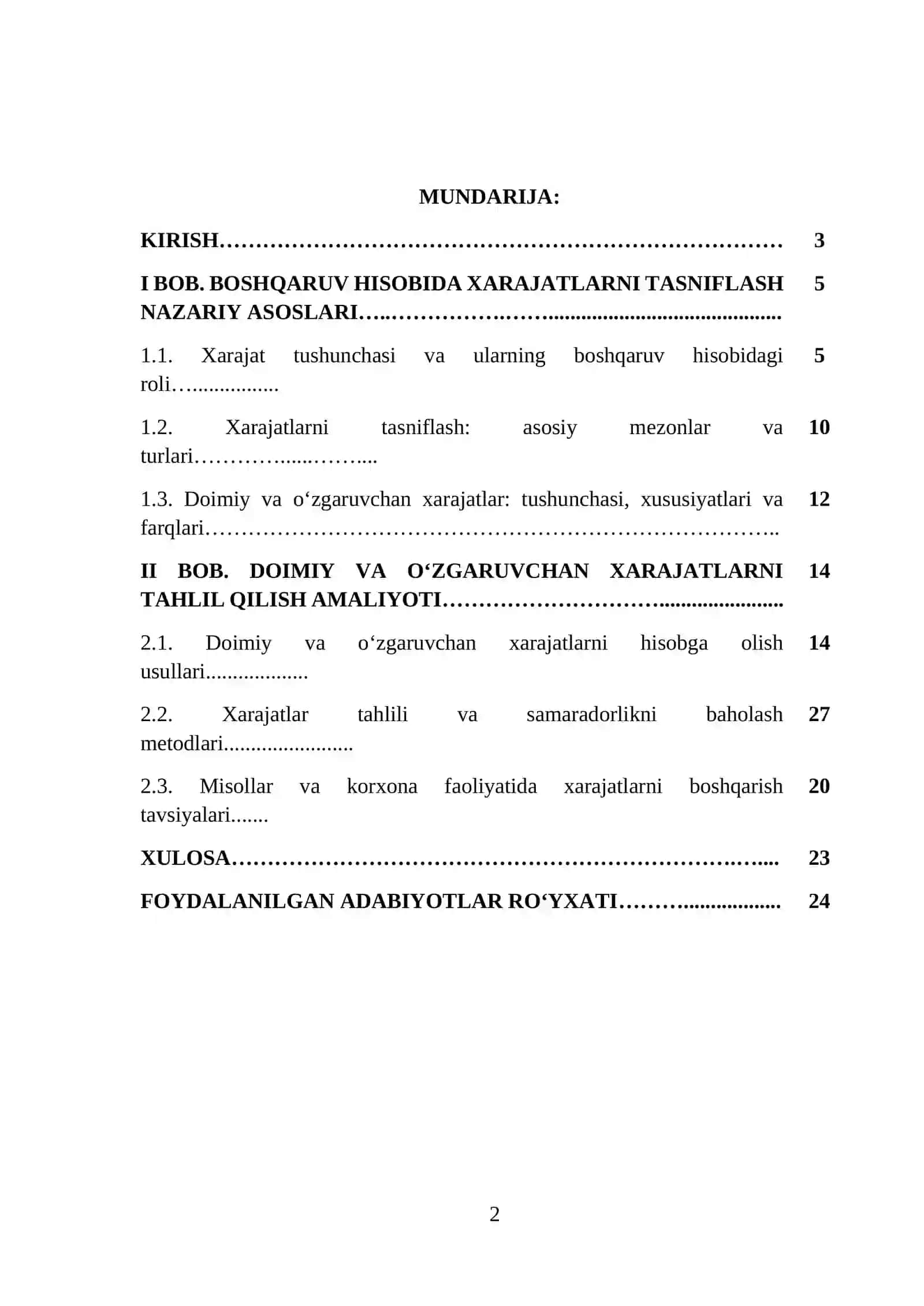 Boshqaruv hisobida xarajatlarni tasniflash. Doimiy va oʻzgaruvchan xarajatlar tahlili 2