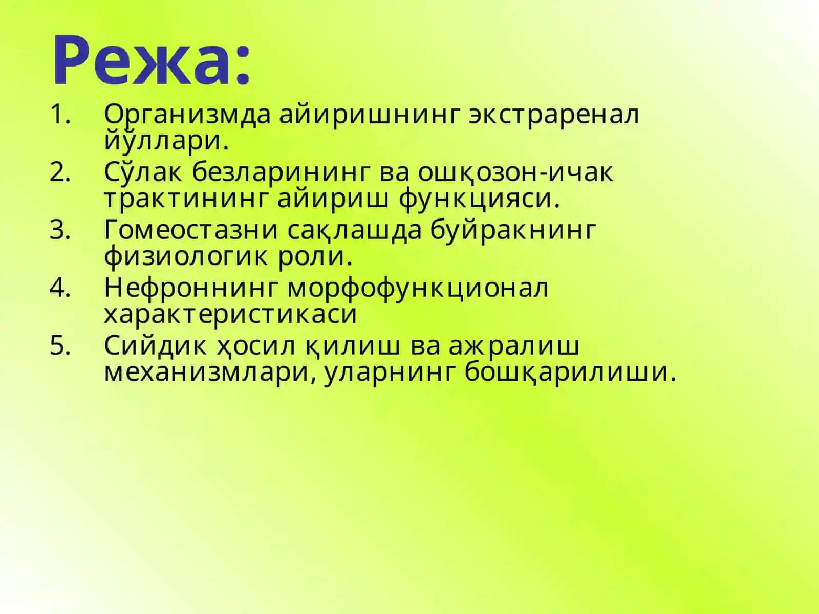 Айирув тизимининг физиологияси. Буйраклар физиологияси 2