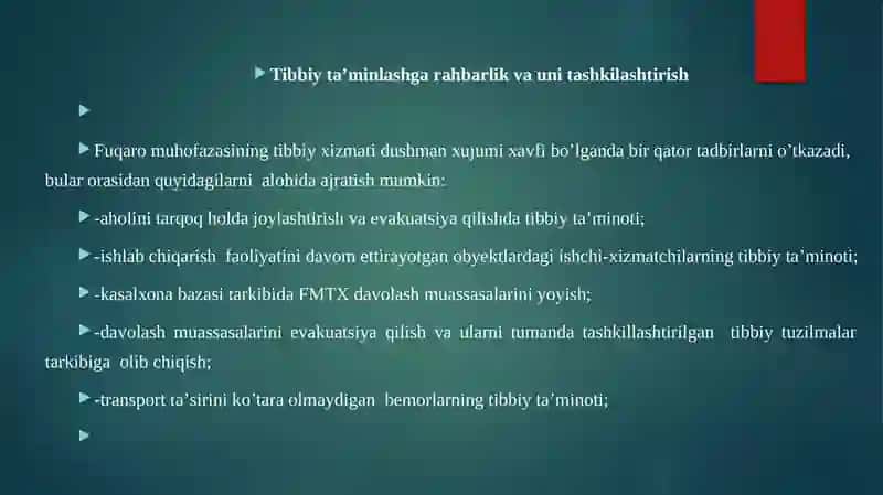 Aholini dushman tajovuzi xavfi paytida va shikaslangan aholini davolash ko’chirish va tibbiy ta’minlash. 2