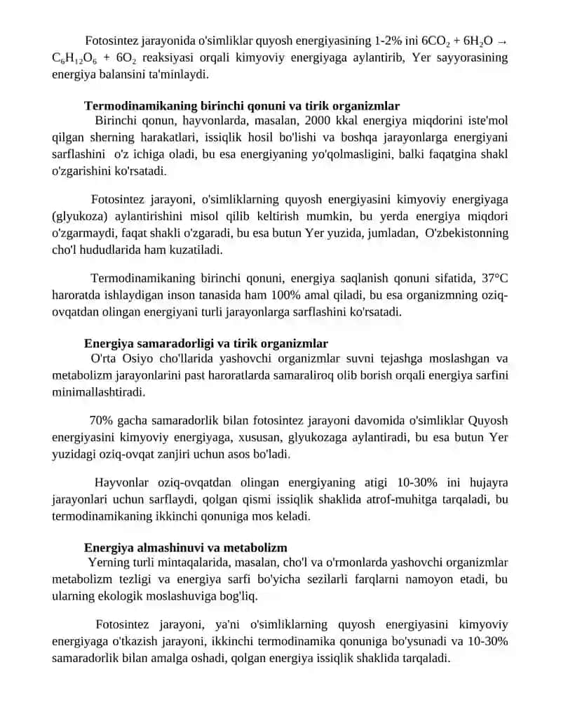 Termodinamika qonunlarni tirik organizmlarga tasiri 2