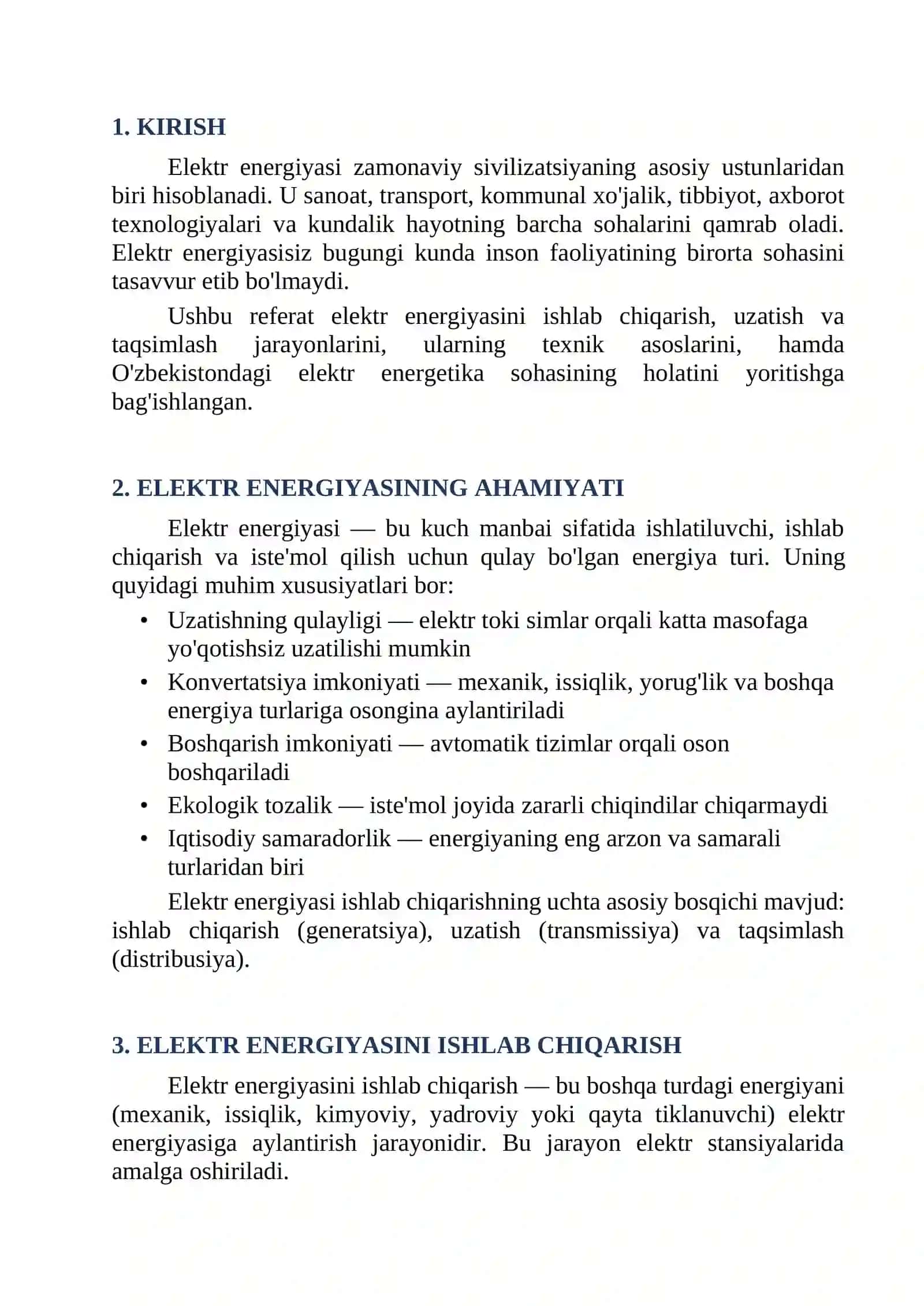 ELEKTR ENERGIYANI ISHLAB CHIQARISH, UZATISH VA TAQSIMLASH 2