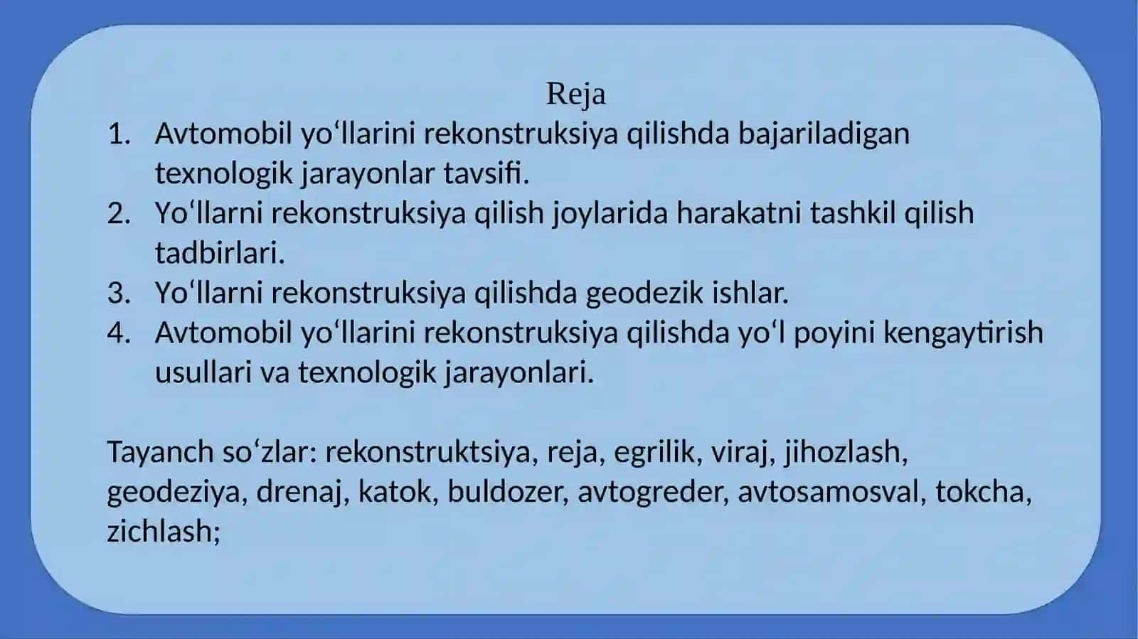 Mavjud avtomobil yo`lining yo`l poyi va yo`l to`shamasini rekonstruktsiya qilish 2