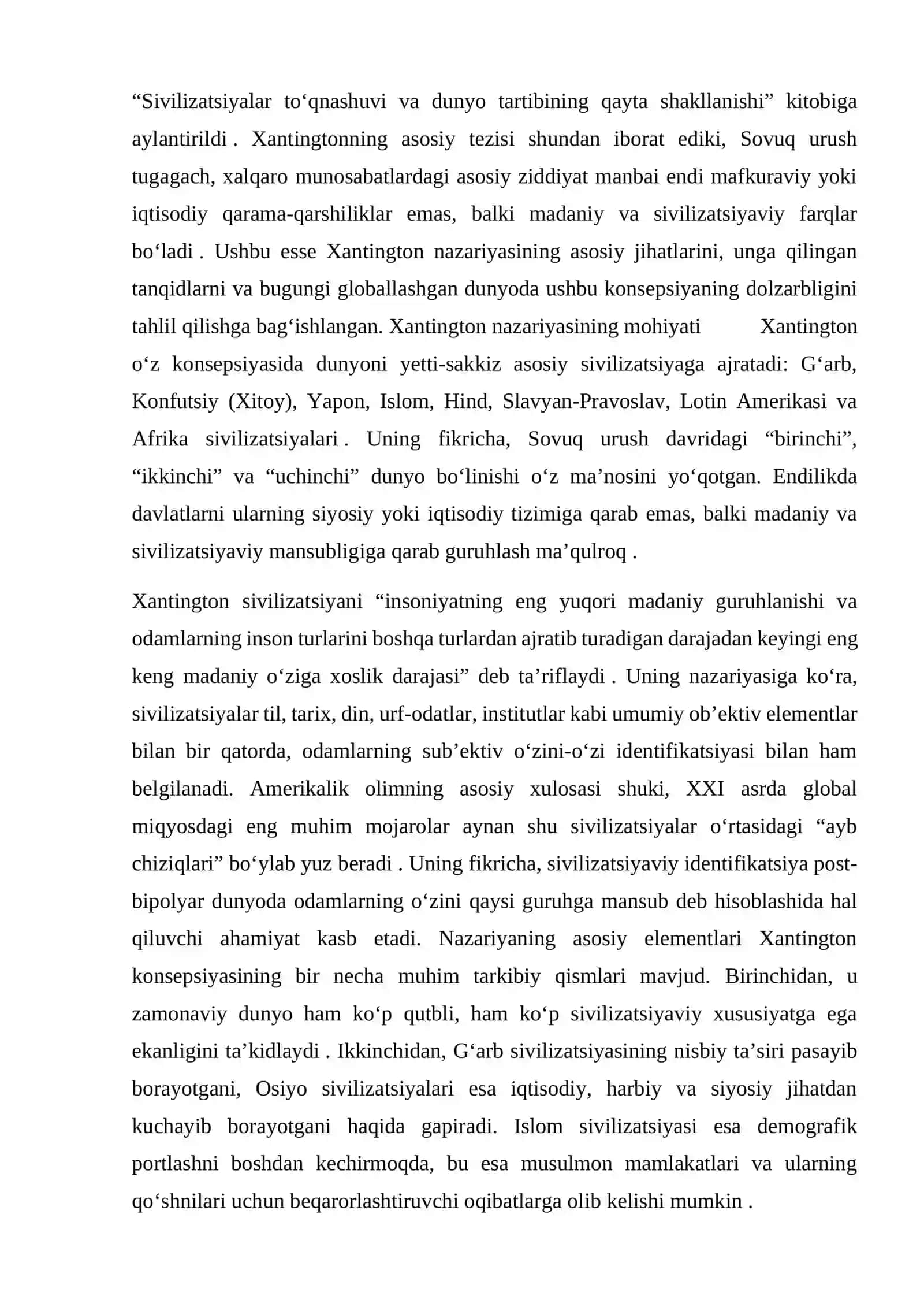 “SIVILIZATSIYALAR TO‘QNASHUVI VA YANGI DUNYO TARTIBI” ASARI HAQIDA ESSE 2