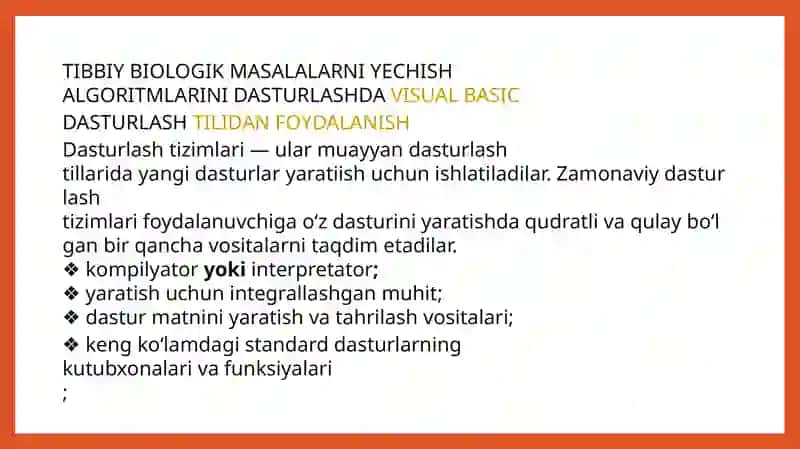 Algoritm usullari. Dasturlash tili. Tibbiy-biologik masalalarni yechish algoritmlarini matematik modellashtirish 2