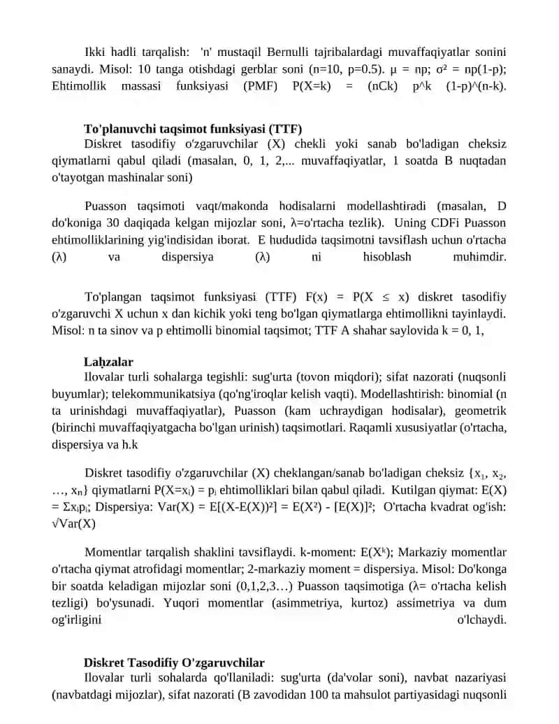 Diskret tasodifiy miqdorlar va ularning sonli xarakteristikalari 2