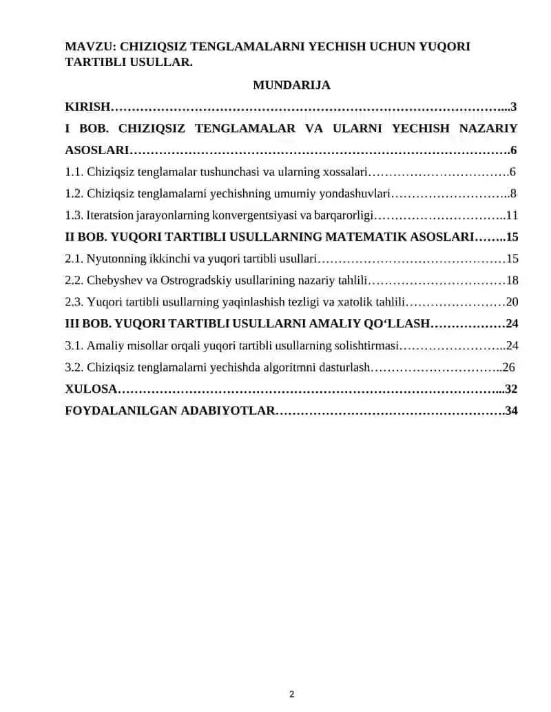 CHIZIQSIZ TENGLAMALARNI YECHISH UCHUN YUQORI TARTIBLI USULLAR 2