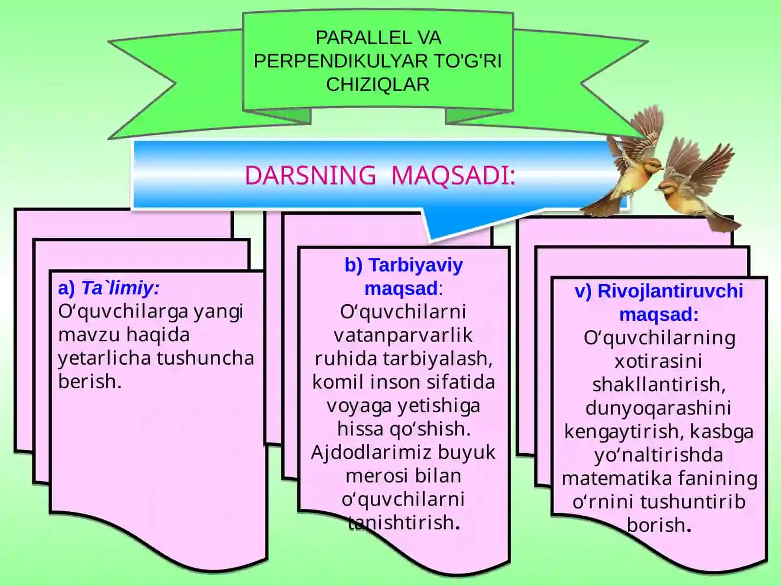 5-sinf Matematika fanidan Parallel va perpendikular to'g'ri chiziqlar ochiq dars ishlanma 2