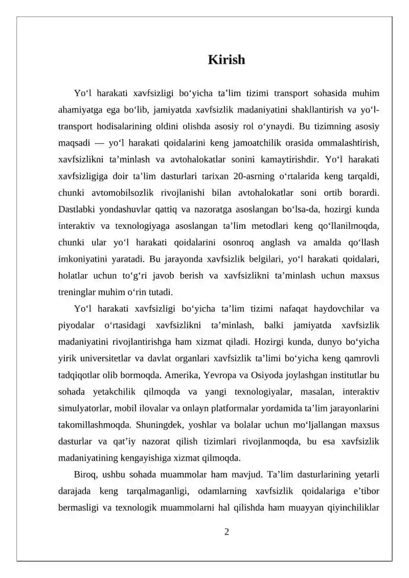 YOʻL HARAKATI XAVFSIZLIGI BOʻYICHA TAʼLIM TIZMI 2