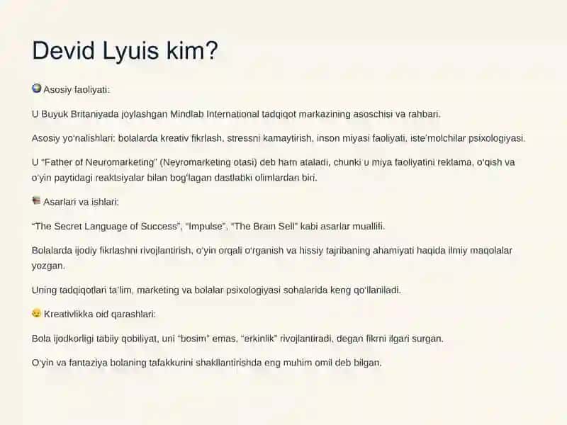 Devid Lyuisning Bolalarda Kreativlikni Rivojlantirishga Oid Ko'rsatmalari 2