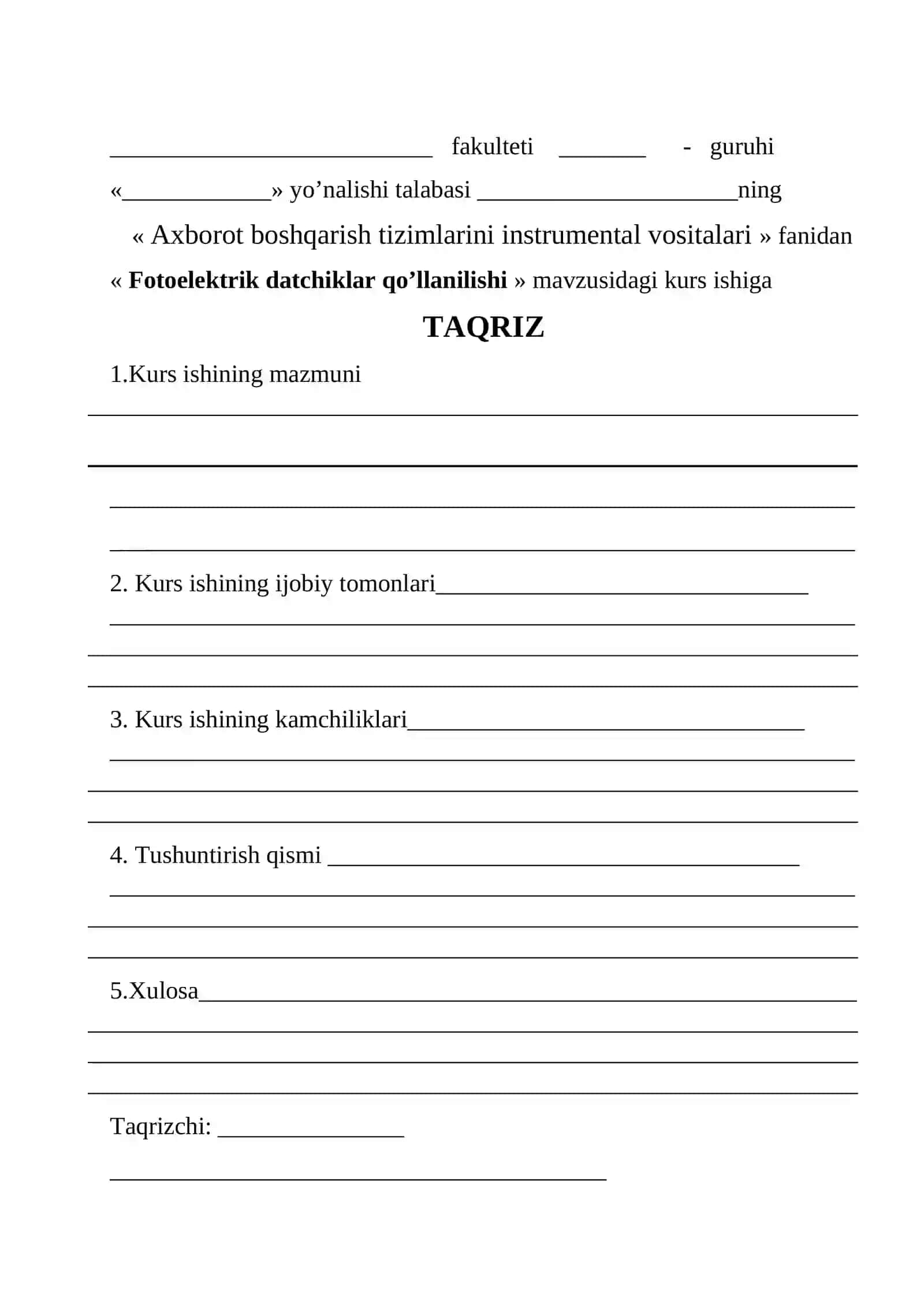 Fotoelektrik datchiklar qo’llanilishi KURS ISHI 2