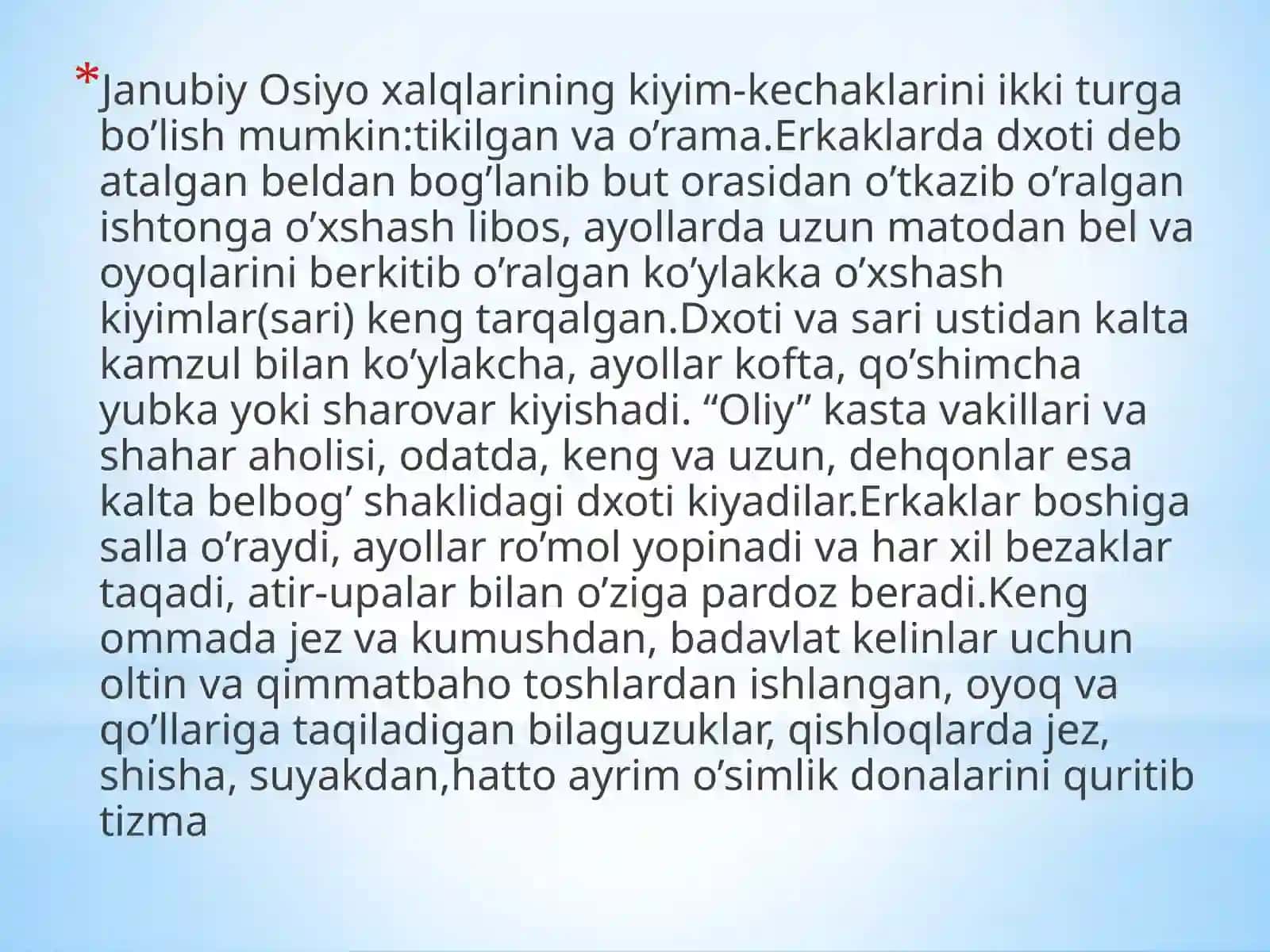 Moddiy ma’daniyatdagi transformatsiyalar(kiyim-kechaklar bo’yicha) Janubiy Osiyo xalqlari va G’arbiy Osiyo xalqlari kiyim-kechak-lari. 2