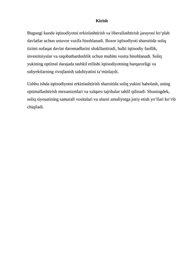 IQTISODIYOTNI ERKINLASHTIRISH SHAROITIDA SOLIQ YUKINI VA UNI OPTIMALLASHTIRISH 2