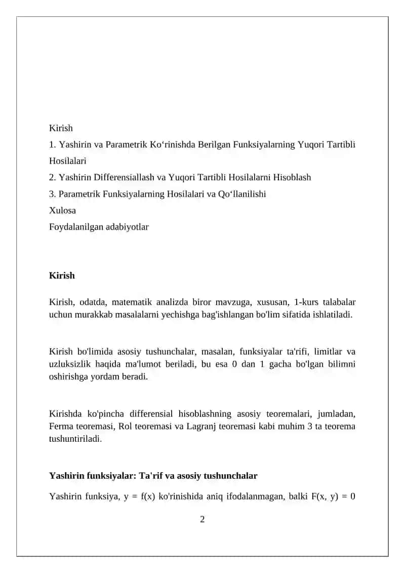 Yashirin va Parametrik Ko‘rinishda Berilgan Funksiyalarning Yuqori Tartibli Hosilalari 2