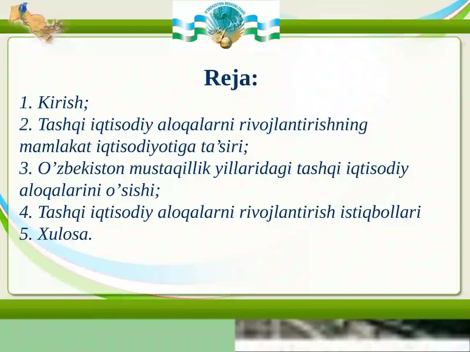 O'zbekistonda tashqi iqtisodiy aloqalarining ustuvor yo'nalishlari 2