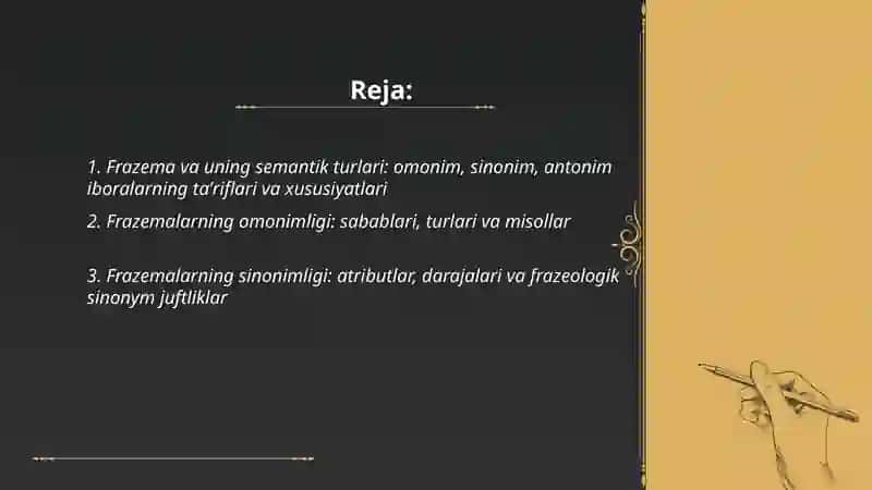 Frazemalarning semantik turlari: omonim, sinonim, antonim iboralar 2