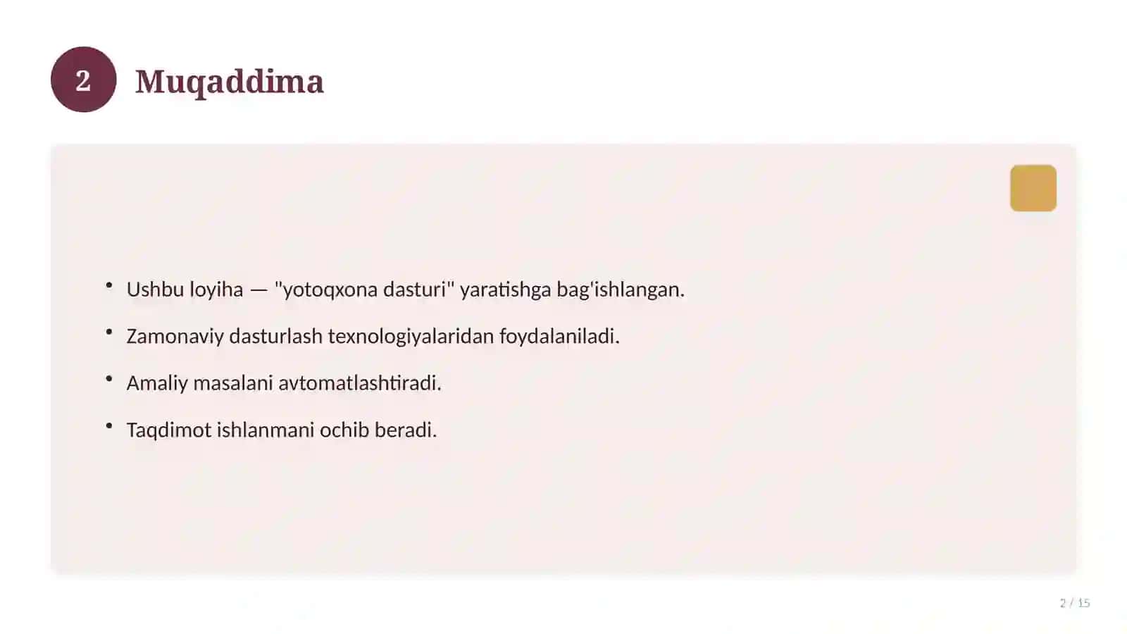 Visual Studio: talabalar yotoqxonasi joylashuvi va to'lovlarini boshqarish dasturi 2