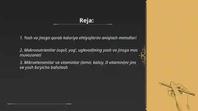Inson jinsi va yoshiga qarab ozuqani kimiyoviy tarkibini muvozanatlashtirilganini baholash va aniqlash 2