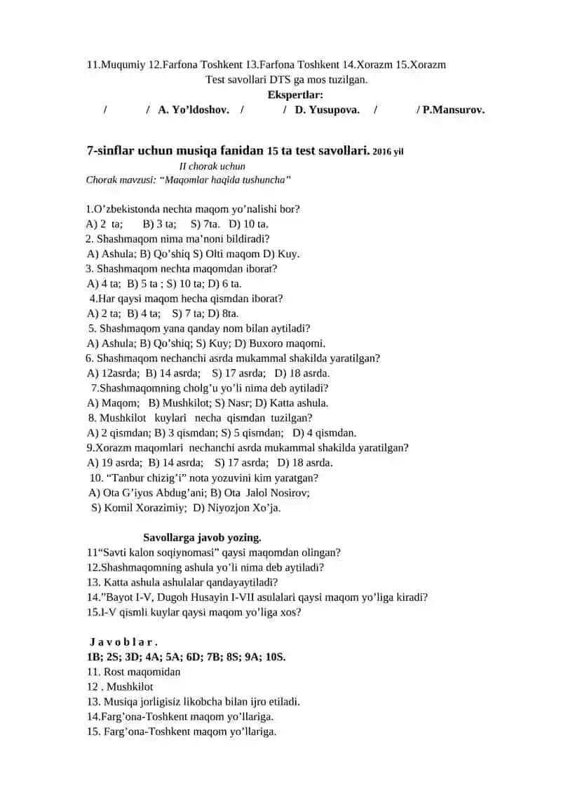 7-sinf uchun musiqa fanidan 15 ta test savollari 2