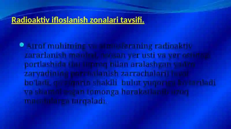 FAVQULOTDA VAZIYATNI BAHOLASH. RADIATSION HOLAT. RADIOAKTIV ZARARLANISH MANBAALARI. RADIOAKTIV ZARARLANISH ZONALARI TAVSIFI. 2