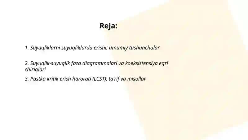 Suyuqliklarni suyuqliklarda erishi 2