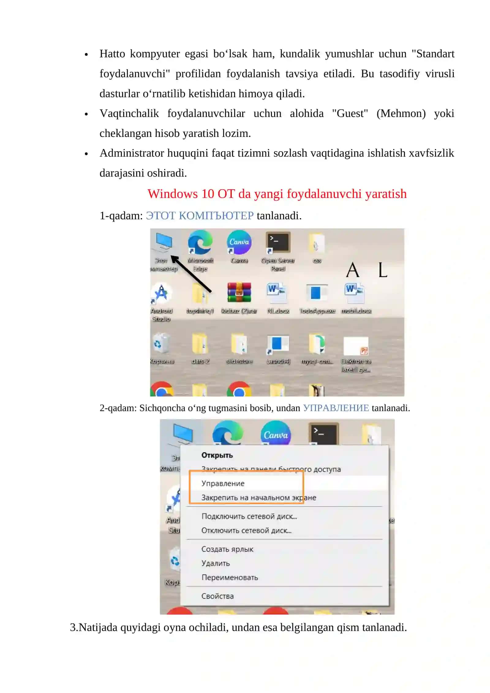 Kompyuterda yangi foydalanuvchi (user) yaratish va unga rollarni belgilash 2