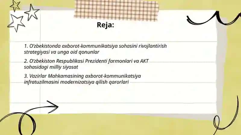 Oʻzbekistonda axborot kommunikatsiya sohasini rivojlantirishdagi asosiy yoʻnalishlari amaldagi qonunlar Oʻzbekiston respublikasi prezidenti farmonlari va vazirlar mahkamasining qarorlari 2