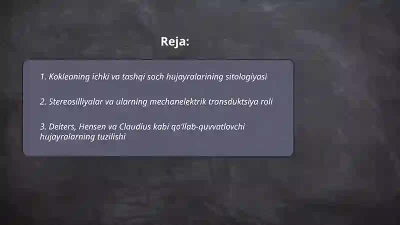 Eshitishning sitologik mexanizmlari. Vibratsiyaning eshitish va muvozanat organlari tuzilishiga taʼsiri Normatov Ibrat 2
