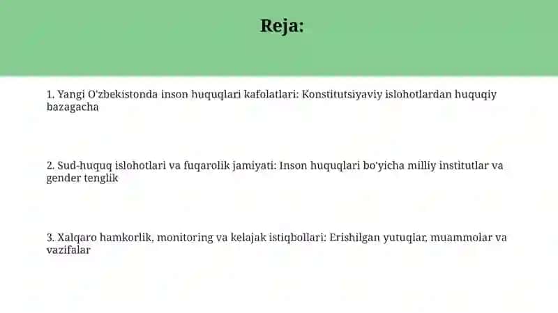 Yangi Òzbekiston inson haq-huquqlari va erkinliklari kafolatining yaratilishi 2