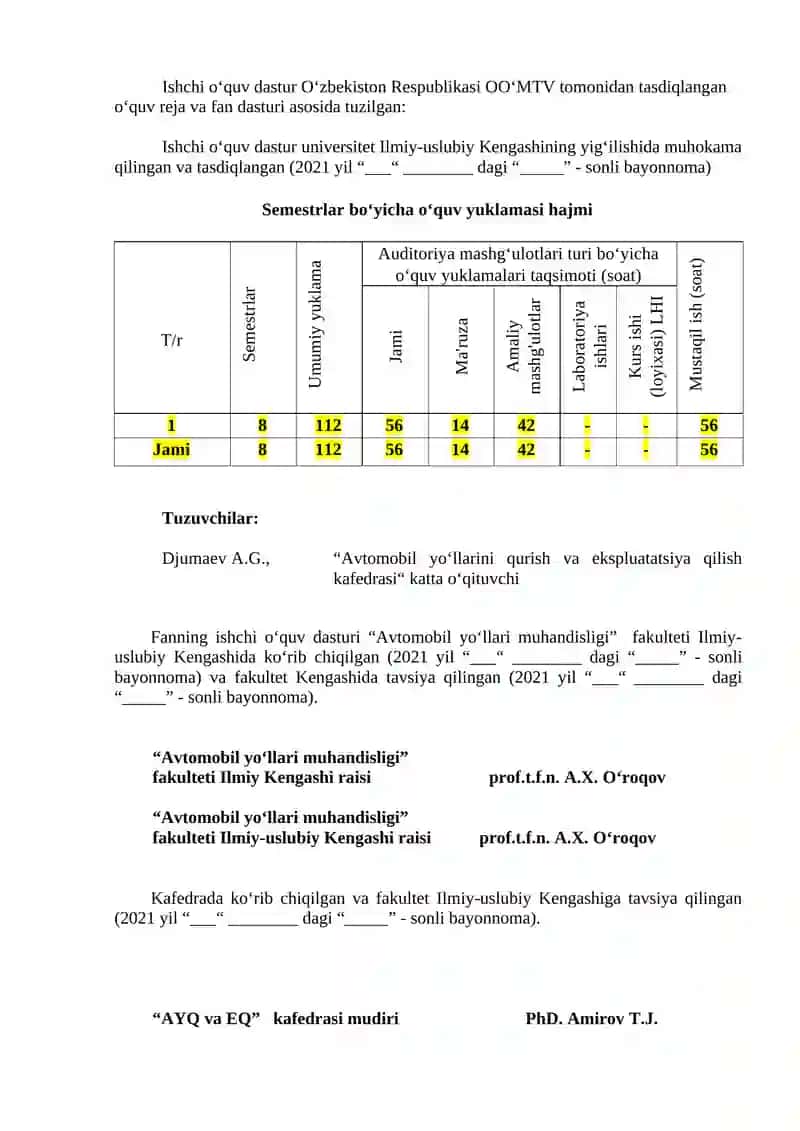 AVTOMOBIL YO‘LLARI VA ShAHARSOZLIK ME’YORIY HUJJATLARI FANINING ISHCHI O‘QUV DASTUR 2
