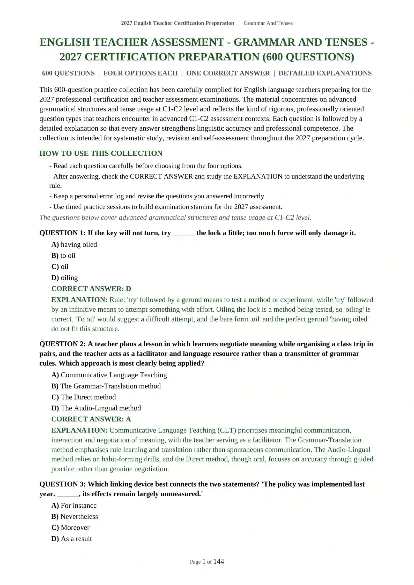 ENGLISH TEACHER ASSESSMENT - GRAMMAR AND TENSES - 2027 CERTIFICATION PREPARATION 2
