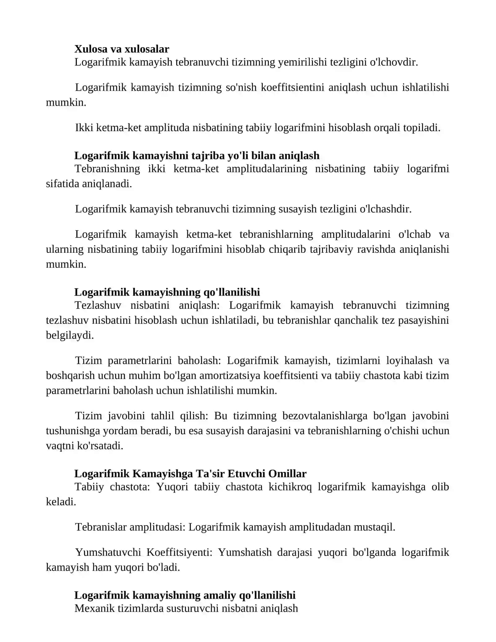 Logarifmik kamayish tebranishlar soʻnishining 2