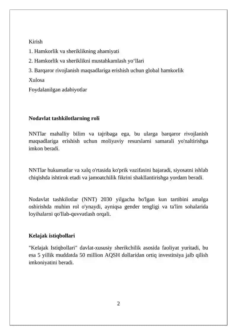 Hamkorlik va sheriklik – barqaror rivojlanish uchun global hamkorlikni kuchaytirish 2