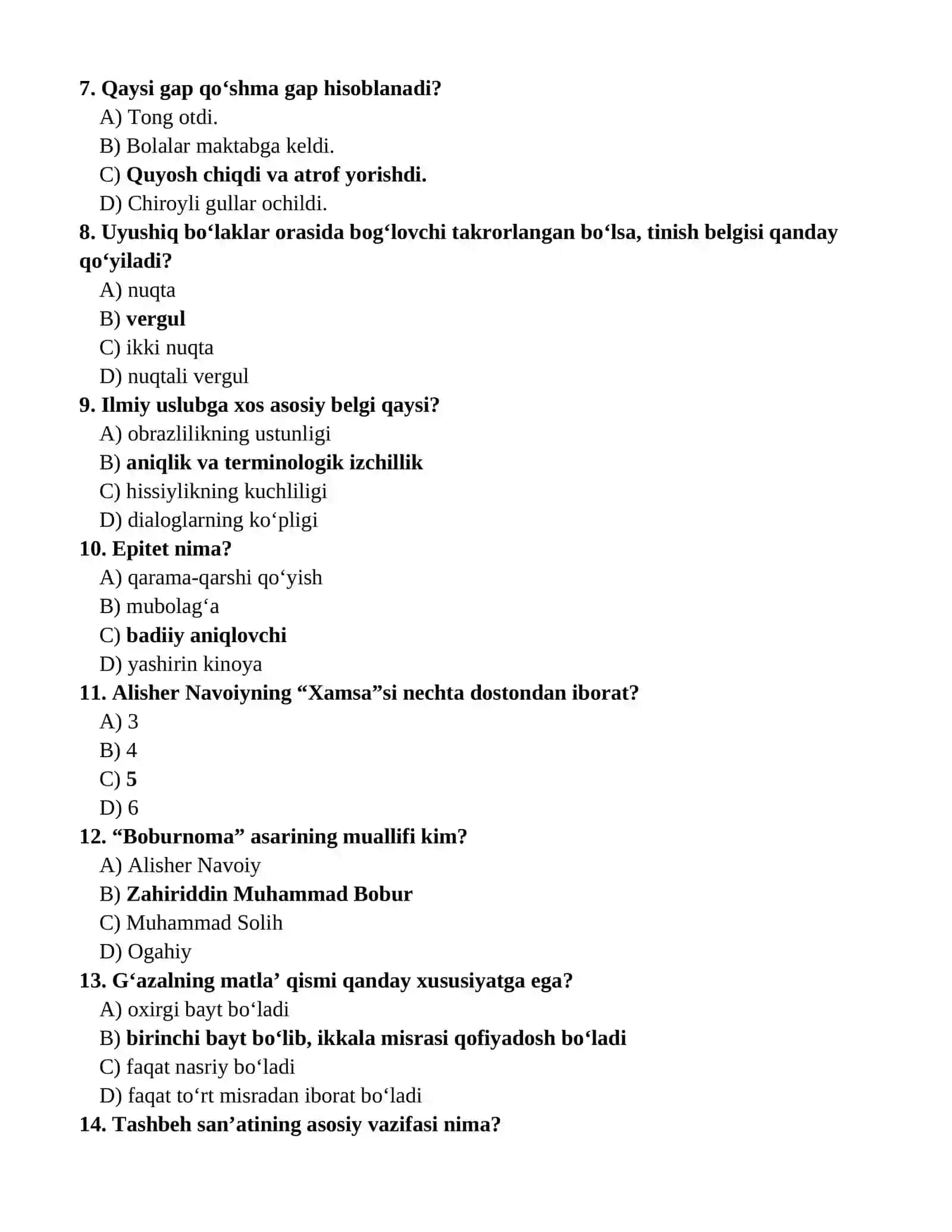 Ona tili va adabiyot  asosiy fanlar olimpiadasi 10-sinf 2025-2026 100 talik testlar banki (javoblari bilan) 2