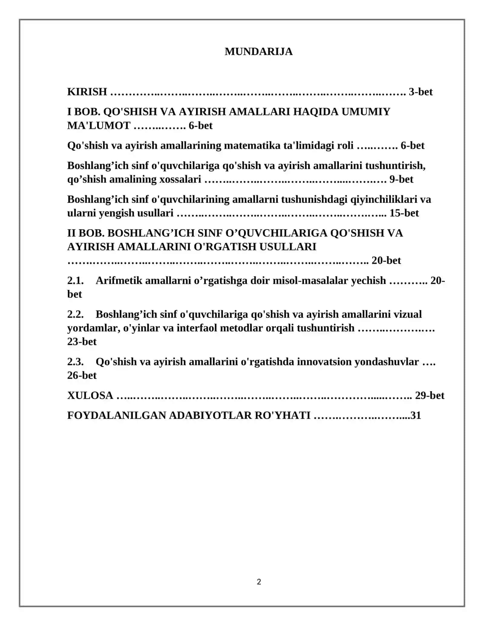 BOSHLANG’ICH SINFLARDA O’QUVCHILARNING QO’SHISH VA AYIRISH AMALLARINI O’RGANISH METODIKASI 2