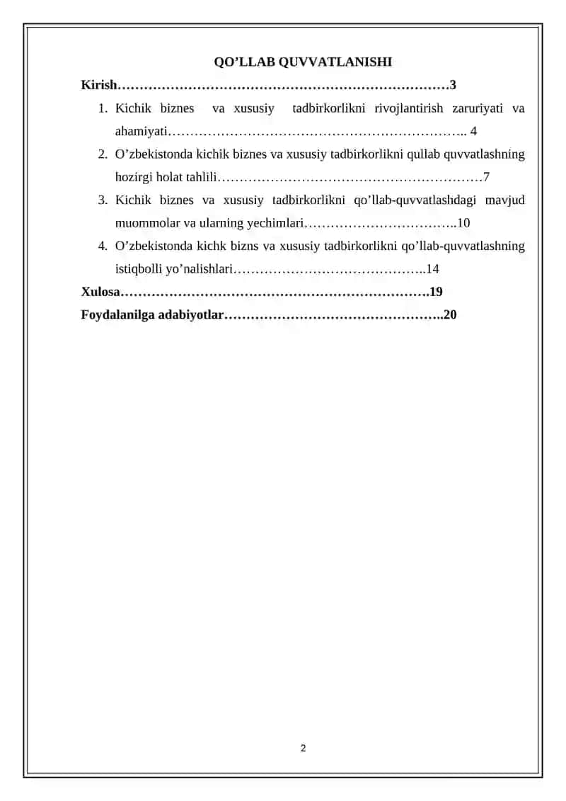 O’ZBEKISTONDA KICHIK BIZNES VA XUSUSIY TADBIRKORLIKNI QO’LLAB QUVVATLANISHI 2