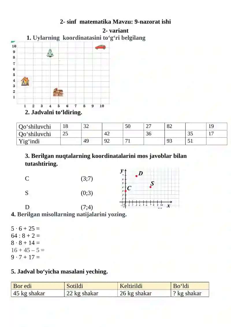 2- sinf matematika Mavzu: 9-nazorat ishi 2
