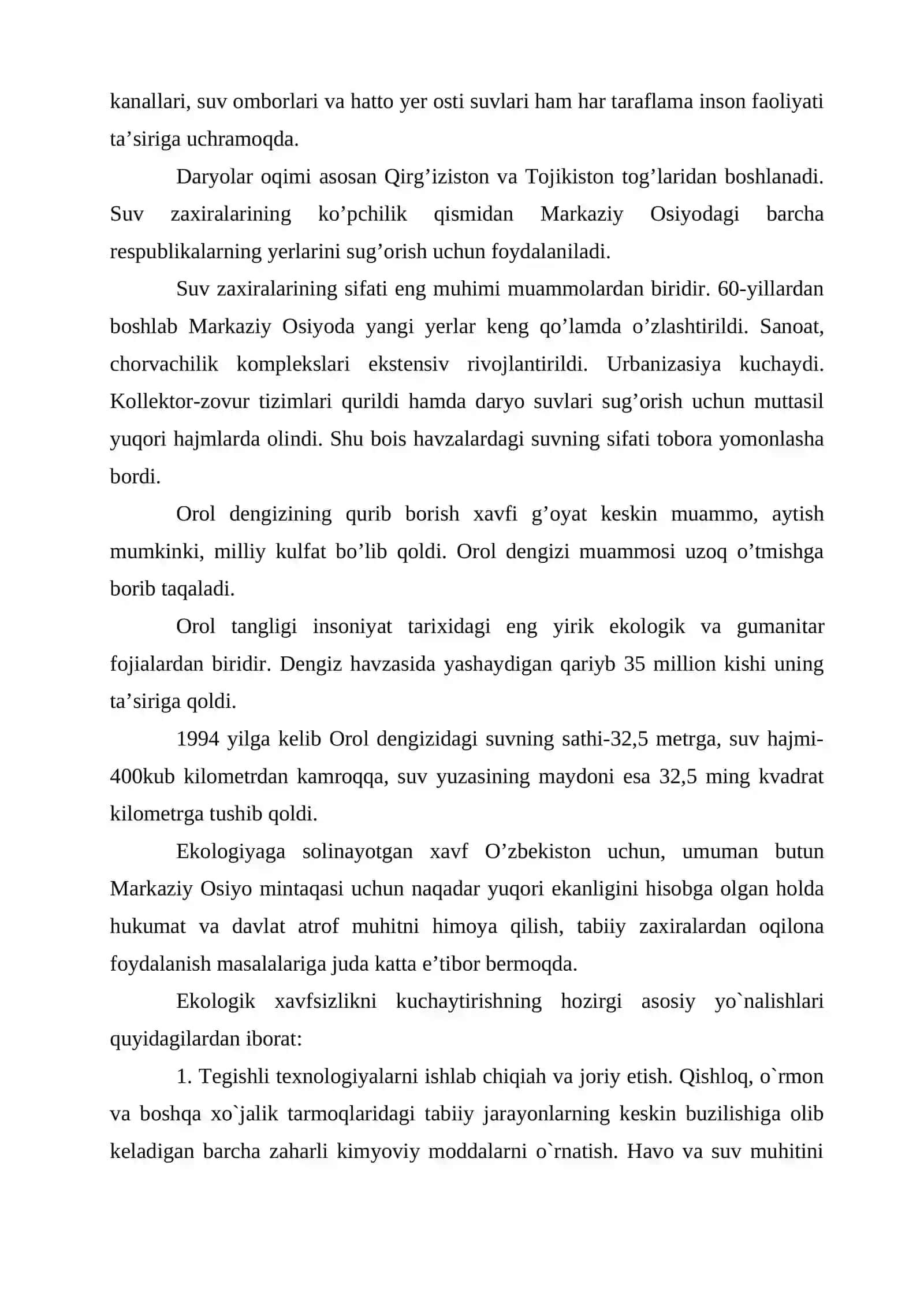 Suv va undan foydalanish. Orol muammosi 2