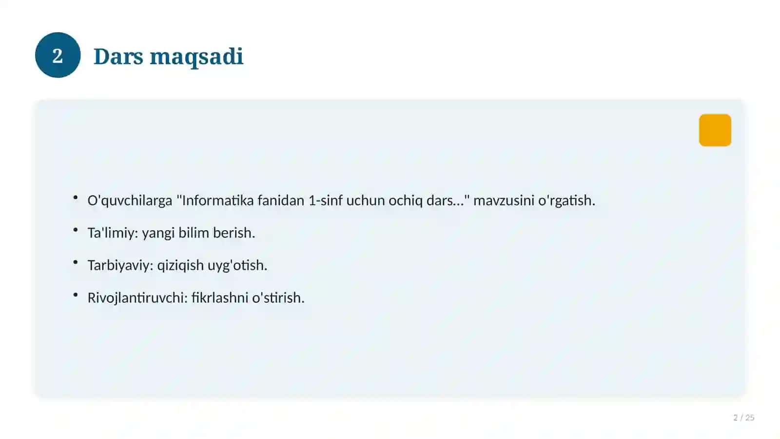 Informatika fanidan 1-sinf uchun ochiq dars ishlanmasi 2